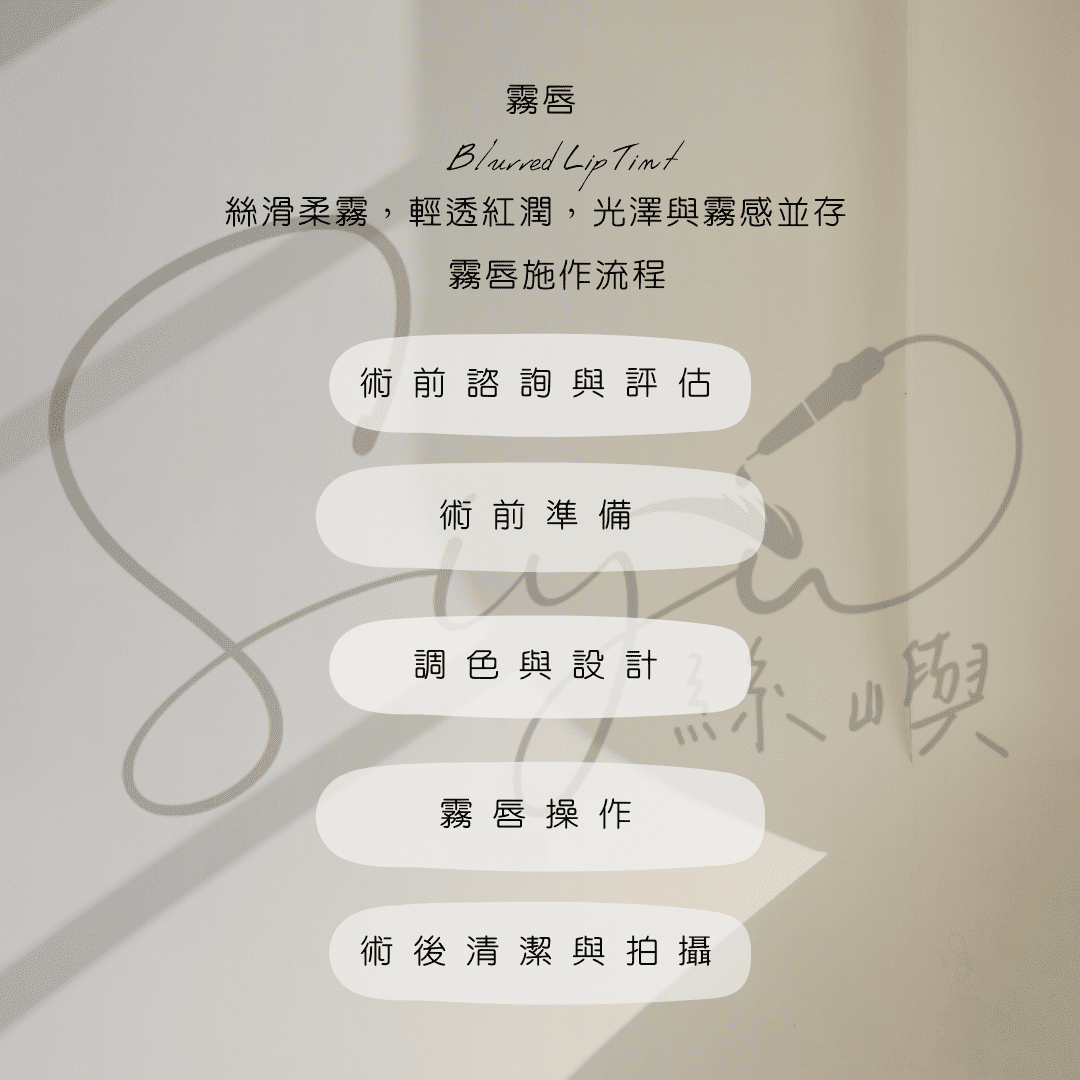 竹北霧唇施作流程圖，包含術前諮詢與評估、術前準備、調色與設計、霧唇操作、術後清潔與拍攝，展現絲嶼工作室專業細緻的霧唇服務流程